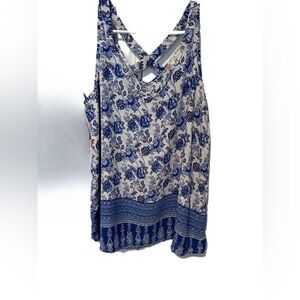 Pink Rose Blue and White Floral Tank Top